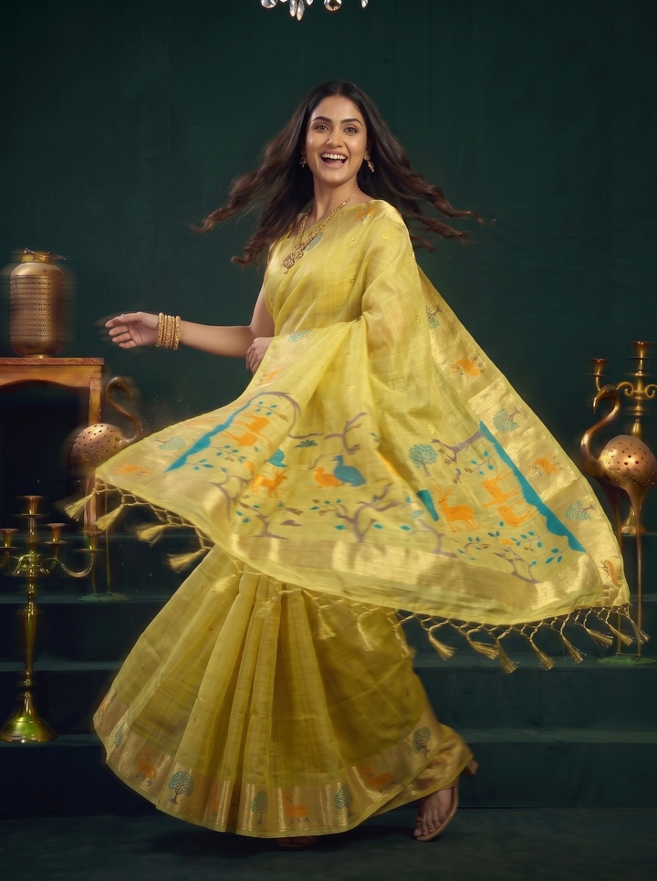 LEMON YELLOW SOFT COTTON SILK JACQUARD SAREE WITH GOLDEN ZARI BORDER | NATURE-THEMED TREE & DEER MOTIF SAREE WITH UNSTITCHED BLOUSE PIECE