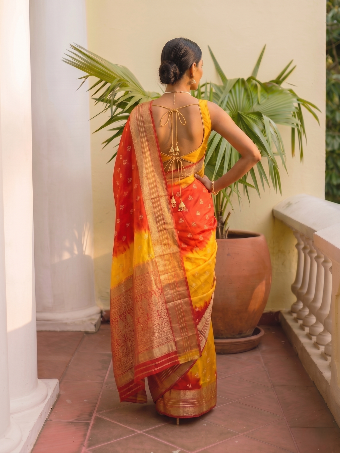 PREMIUM LIGHTWEIGHT GEORGETTE LEHERIYA SAREE WITH GOLDEN BUTTI & ZARI WOVEN BORDER - YELLOW & RED