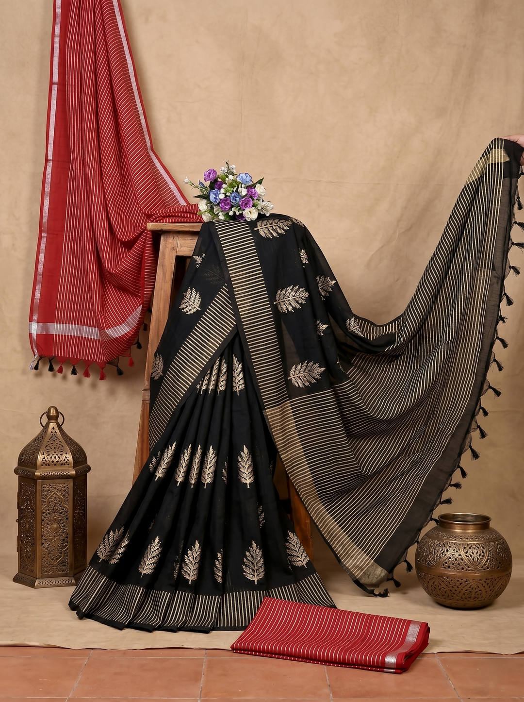 PREMIUM SOFT ART SILK SAREE WITH BLACK & WHITE STRIPED BORDER & ELEGANT LEAF MOTIFS - BLACK