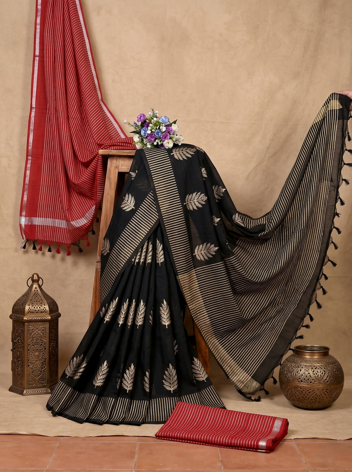 PREMIUM SOFT ART SILK SAREE WITH BLACK & WHITE STRIPED BORDER & ELEGANT LEAF MOTIFS - BLACK
