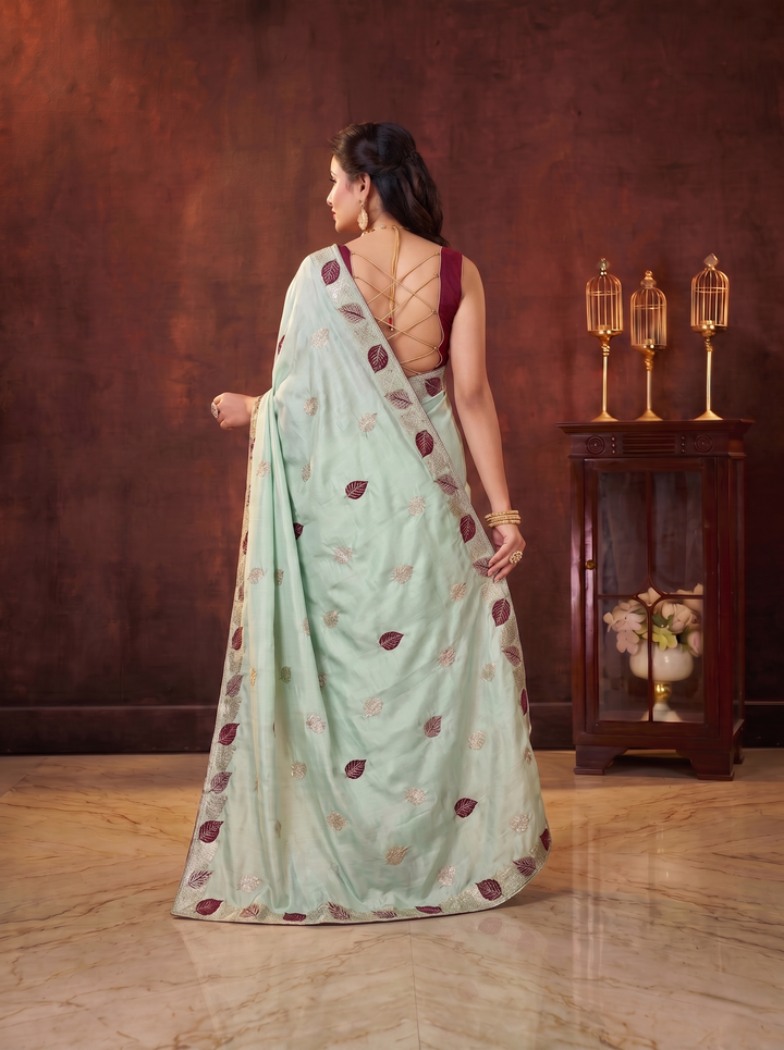PASTEL PISTA GREEN SOFT SILK SAREE WITH RICH MAROON LEAF BUTTI WORK | MINIMALIST DESIGNER EMBROIDERY SAREE