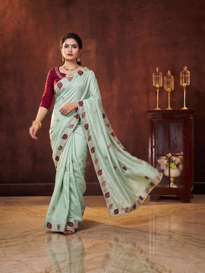 PASTEL PISTA GREEN SOFT SILK SAREE WITH RICH MAROON LEAF BUTTI WORK | MINIMALIST DESIGNER EMBROIDERY SAREE