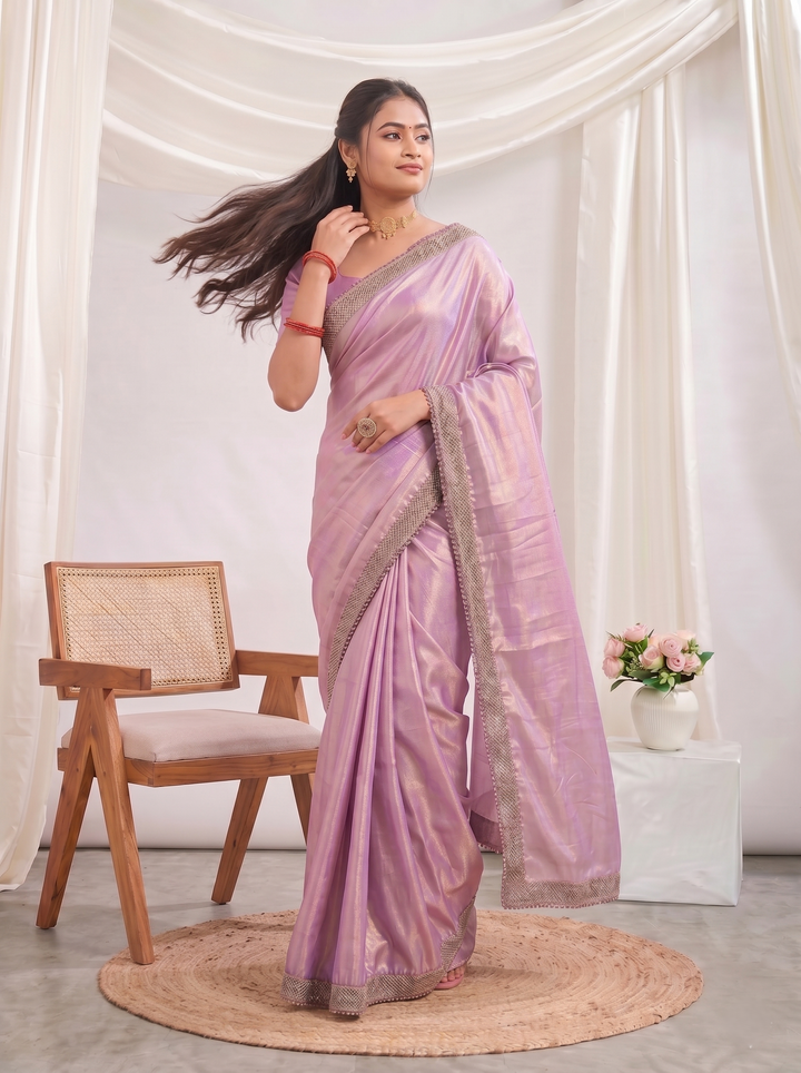 STUNNING DUSTY BLUE METALLIC GEORGETTE SAREE | ROSE-GOLD CUTWORK BORDER DESIGNER ETHNIC WEAR | GLAMOROUS STEEL GREY PARTY WEAR SAREE