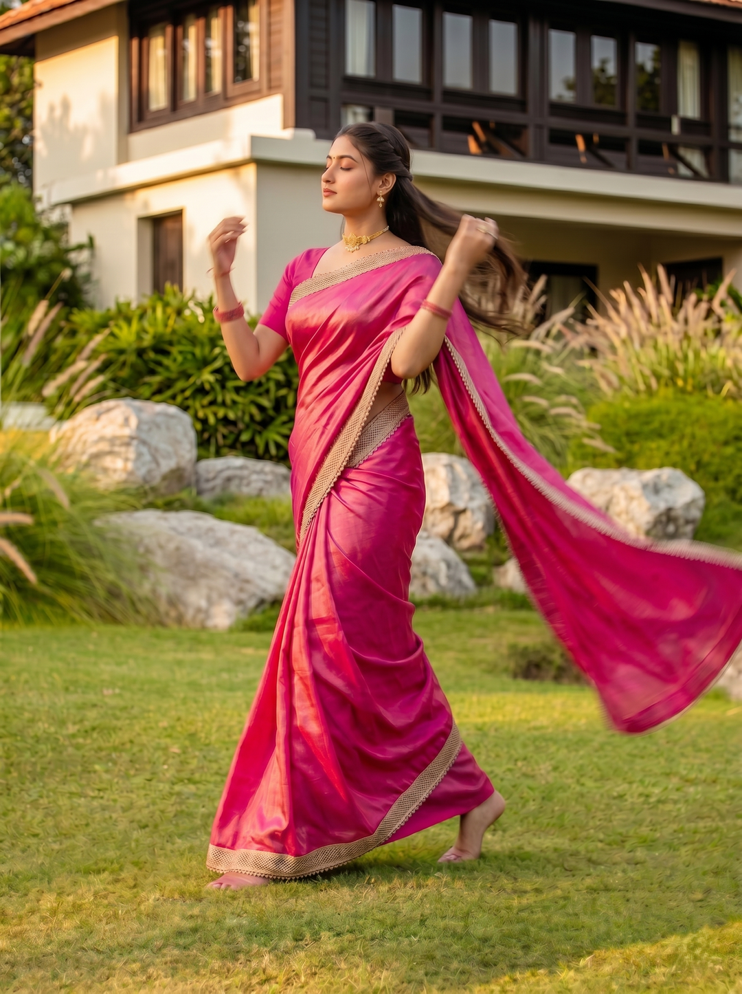 STUNNING RANI PINK METALLIC SHIMMER SAREE | DEEP MAGENTA DESIGNER ETHNIC WEAR WITH CUTWORK BORDER