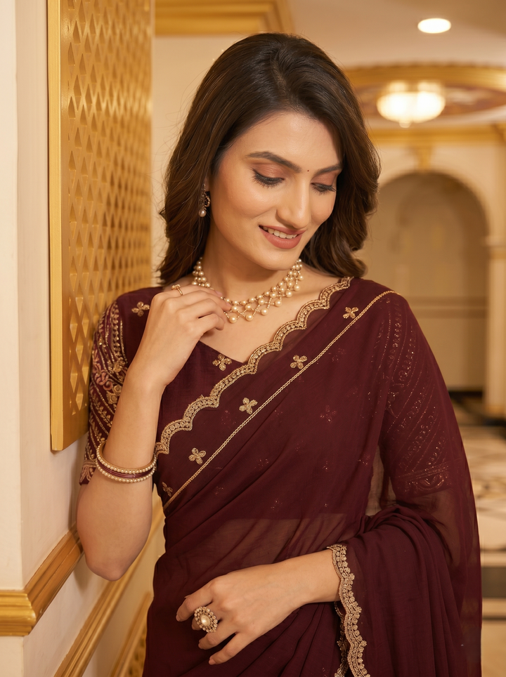 PREMIUM SOFT TANYA SILK SAREE WITH GOLDEN SCALLOPED CUTWORK BORDER & HEAVY EMBROIDERY BLOUSE