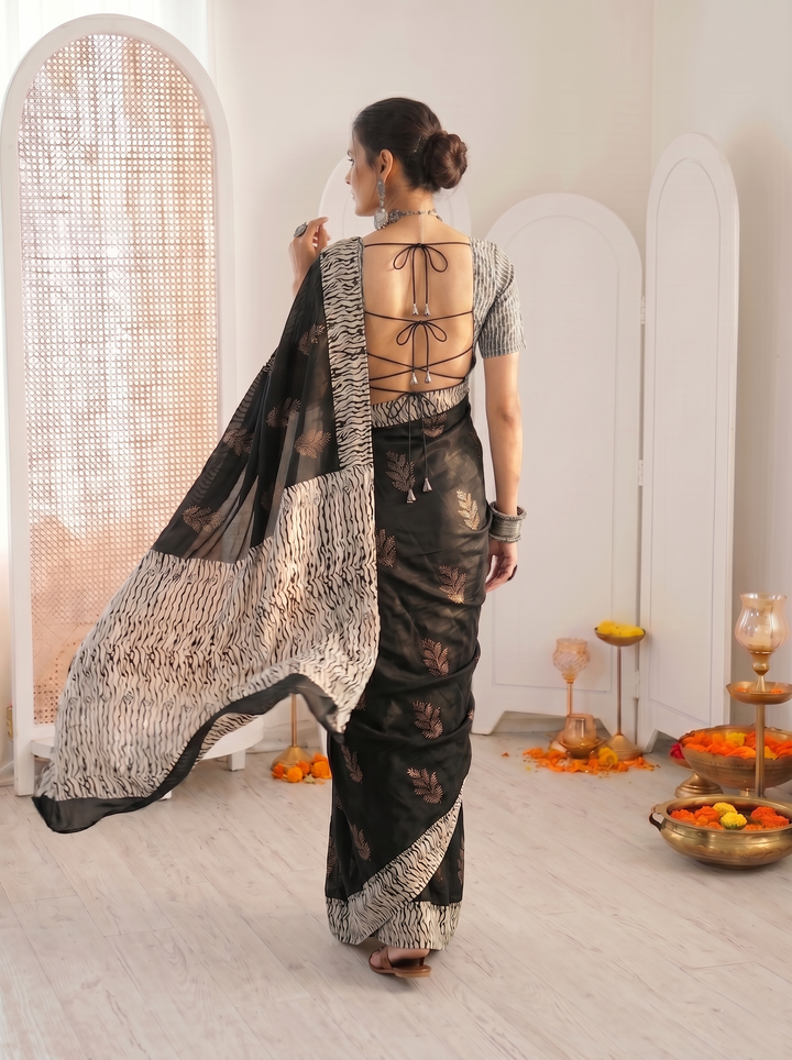 PREMIUM SOFT ART SILK SAREE WITH BLACK & WHITE WAVY PRINTED BORDER & GOLDEN LEAF MOTIFS