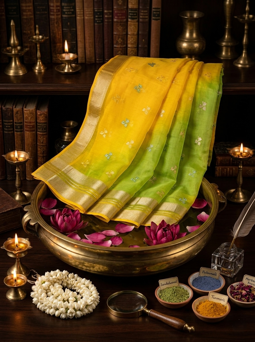 WOMEN'S YELLOW & GREEN GEORGETTE LEHERIYA PRINT SAREE WITH GOLDEN BUTTI WORK | SOFT ART SILK FESTIVE SAREE FOR HALDI & MEHENDI WITH UNSTITCHED BLOUSE