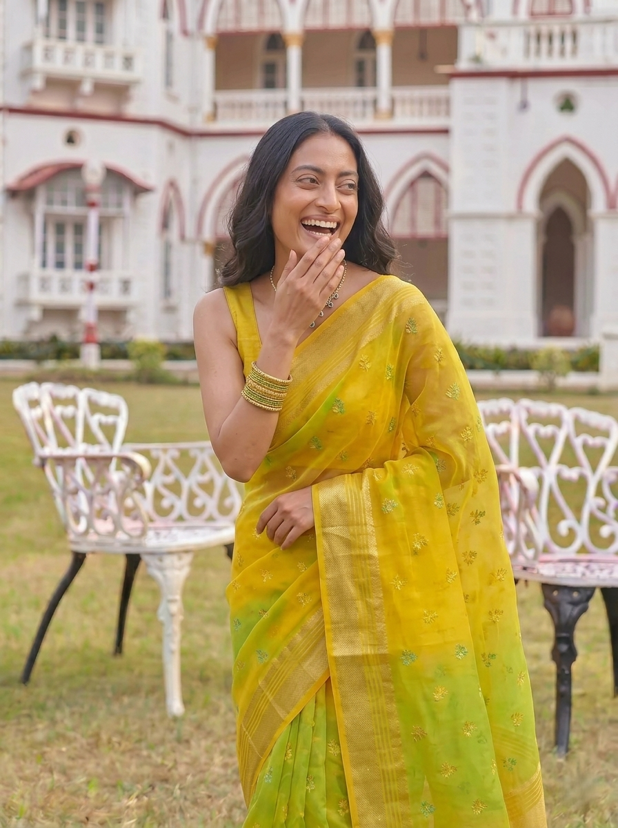 WOMEN'S YELLOW & GREEN GEORGETTE LEHERIYA PRINT SAREE WITH GOLDEN BUTTI WORK | SOFT ART SILK FESTIVE SAREE FOR HALDI & MEHENDI WITH UNSTITCHED BLOUSE