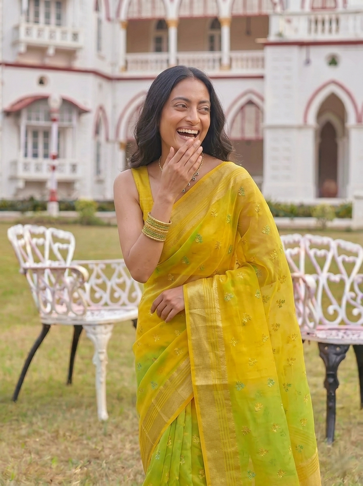 WOMEN'S YELLOW & GREEN GEORGETTE LEHERIYA PRINT SAREE WITH GOLDEN BUTTI WORK | SOFT ART SILK FESTIVE SAREE FOR HALDI & MEHENDI WITH UNSTITCHED BLOUSE