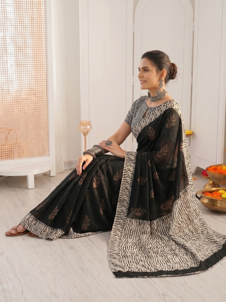 PREMIUM SOFT ART SILK SAREE WITH BLACK & WHITE WAVY PRINTED BORDER & GOLDEN LEAF MOTIFS