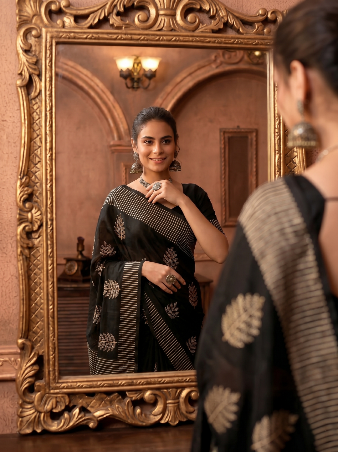 PREMIUM SOFT ART SILK SAREE WITH BLACK & WHITE STRIPED BORDER & ELEGANT LEAF MOTIFS - BLACK