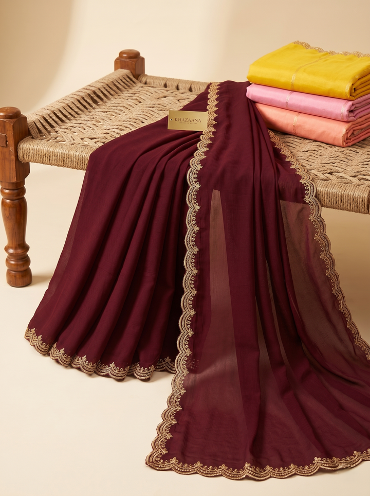 PREMIUM SOFT TANYA SILK SAREE WITH GOLDEN SCALLOPED CUTWORK BORDER & HEAVY EMBROIDERY BLOUSE