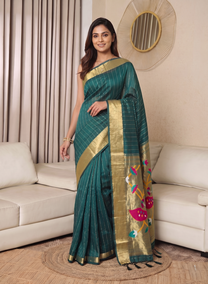 BOTTLE GREEN SOFT SILK JACQUARD PAITHANI SAREE | GOLD ZARI STRIPE PATTERN | TRADITIONAL PEACOCK DESIGN PALLU WITH TASSELS | FULL SIZE SILK SAREE FOR WOMEN