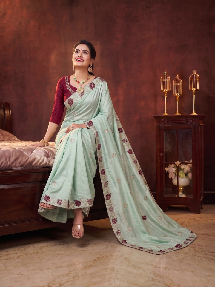 PASTEL PISTA GREEN SOFT SILK SAREE WITH RICH MAROON LEAF BUTTI WORK | MINIMALIST DESIGNER EMBROIDERY SAREE
