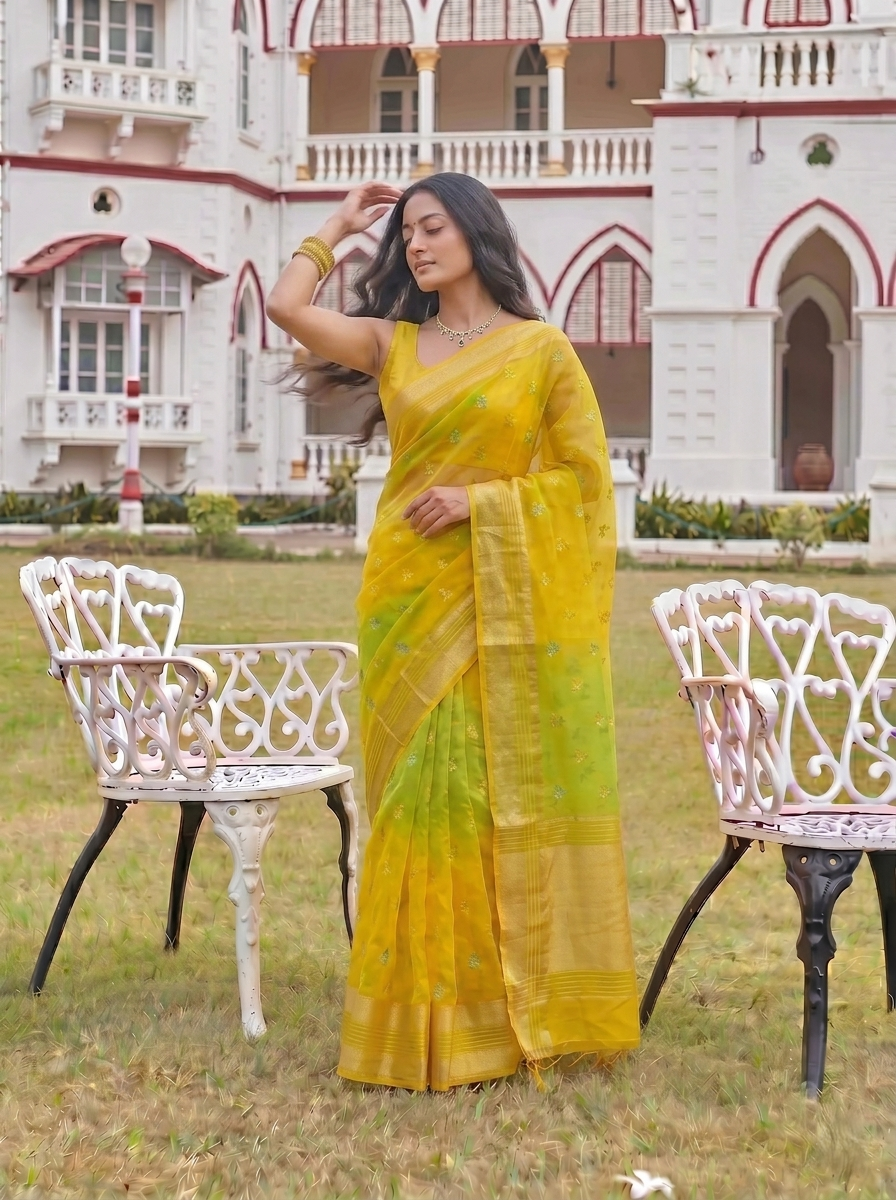 WOMEN'S YELLOW & GREEN GEORGETTE LEHERIYA PRINT SAREE WITH GOLDEN BUTTI WORK | SOFT ART SILK FESTIVE SAREE FOR HALDI & MEHENDI WITH UNSTITCHED BLOUSE