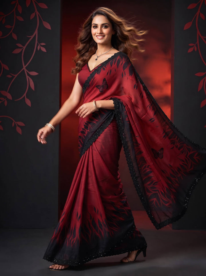 EMERALD GLOW DARK RED SAREE