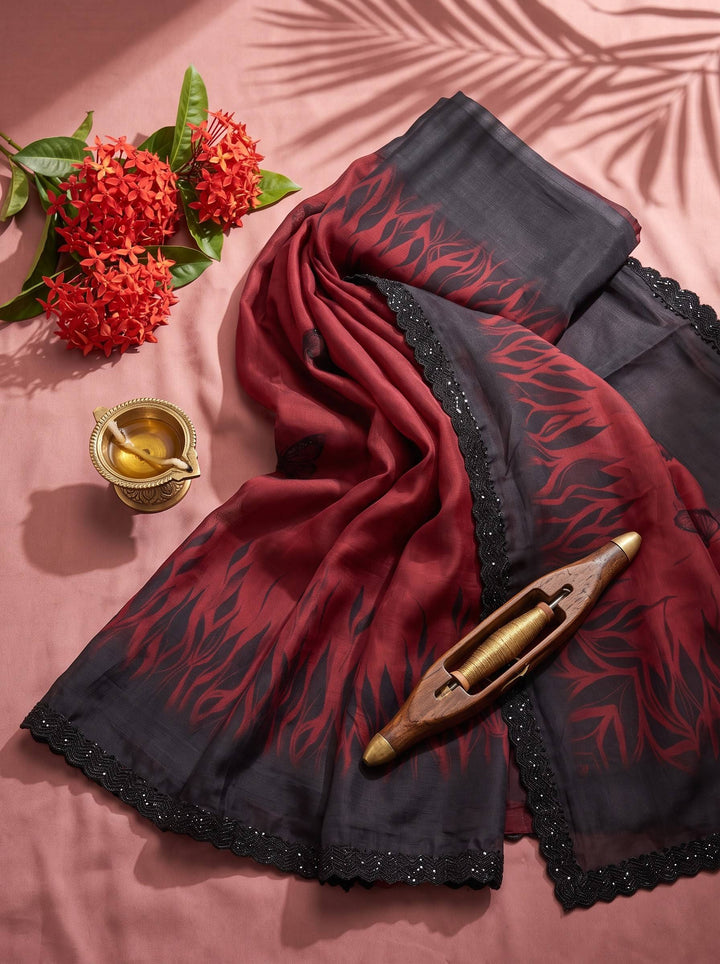 EMERALD GLOW DARK RED SAREE