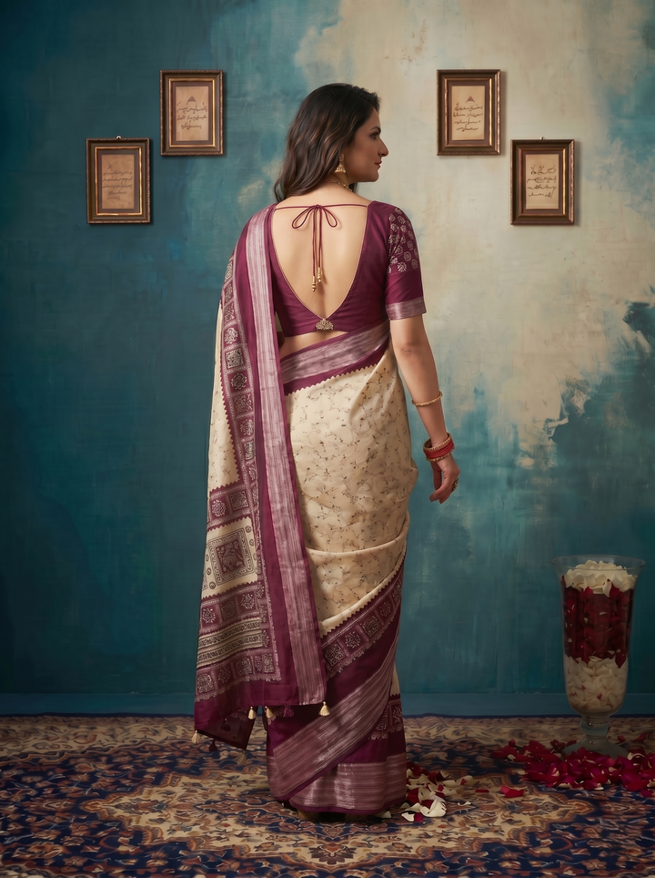 SOFT SILK ETHNIC JACQUARD WOVEN SAREE IN OFF-WHITE & WINE PURPLE | TRADITIONAL ELEPHANT MOTIF PRINTED PALLU WITH UNSTITCHED BLOUSE PIECE