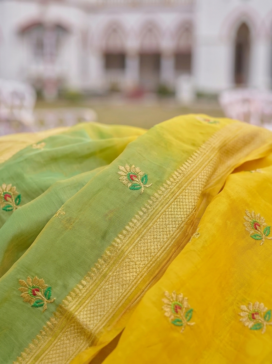 WOMEN'S YELLOW & GREEN GEORGETTE LEHERIYA PRINT SAREE WITH GOLDEN BUTTI WORK | SOFT ART SILK FESTIVE SAREE FOR HALDI & MEHENDI WITH UNSTITCHED BLOUSE