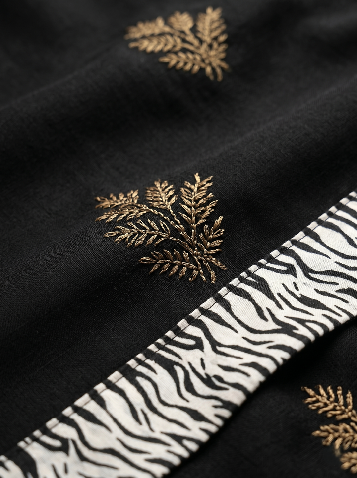 PREMIUM SOFT ART SILK SAREE WITH BLACK & WHITE WAVY PRINTED BORDER & GOLDEN LEAF MOTIFS