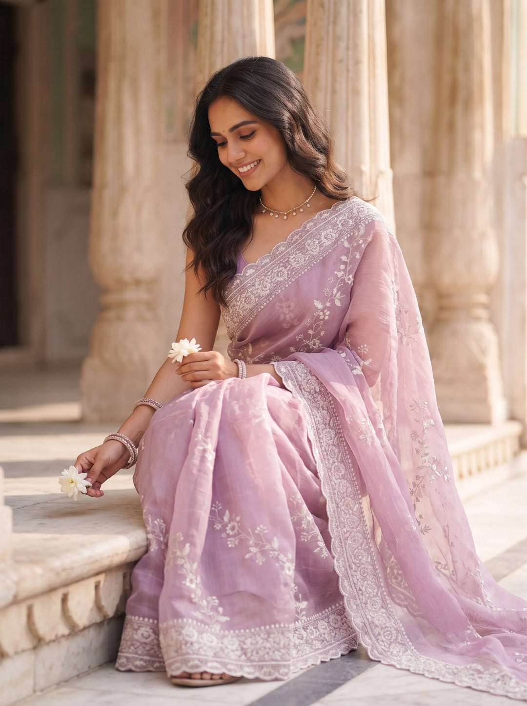 MEERA ETHNIC NET LIGHT PURPLE SAREE