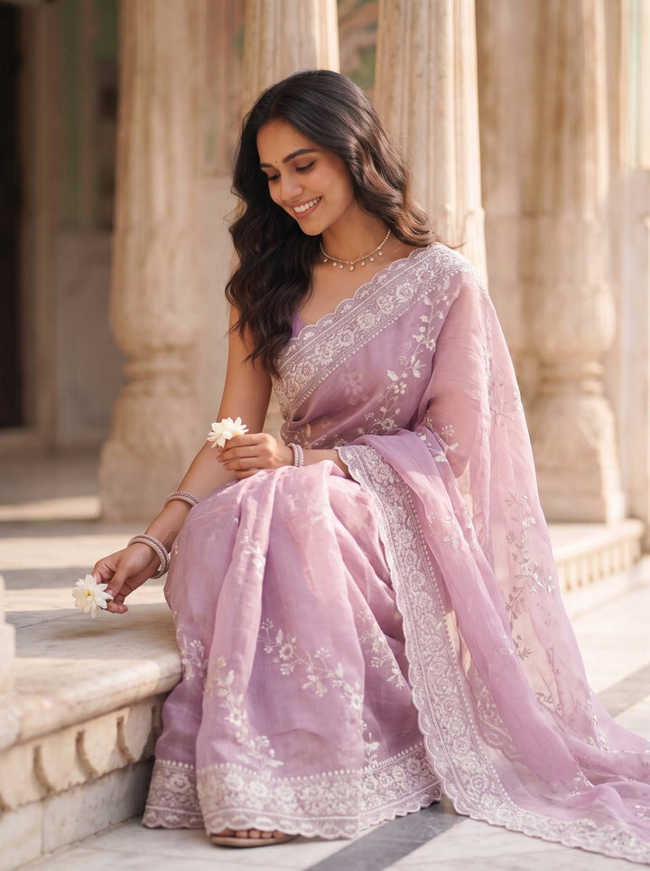 MEERA ETHNIC NET LIGHT PURPLE SAREE