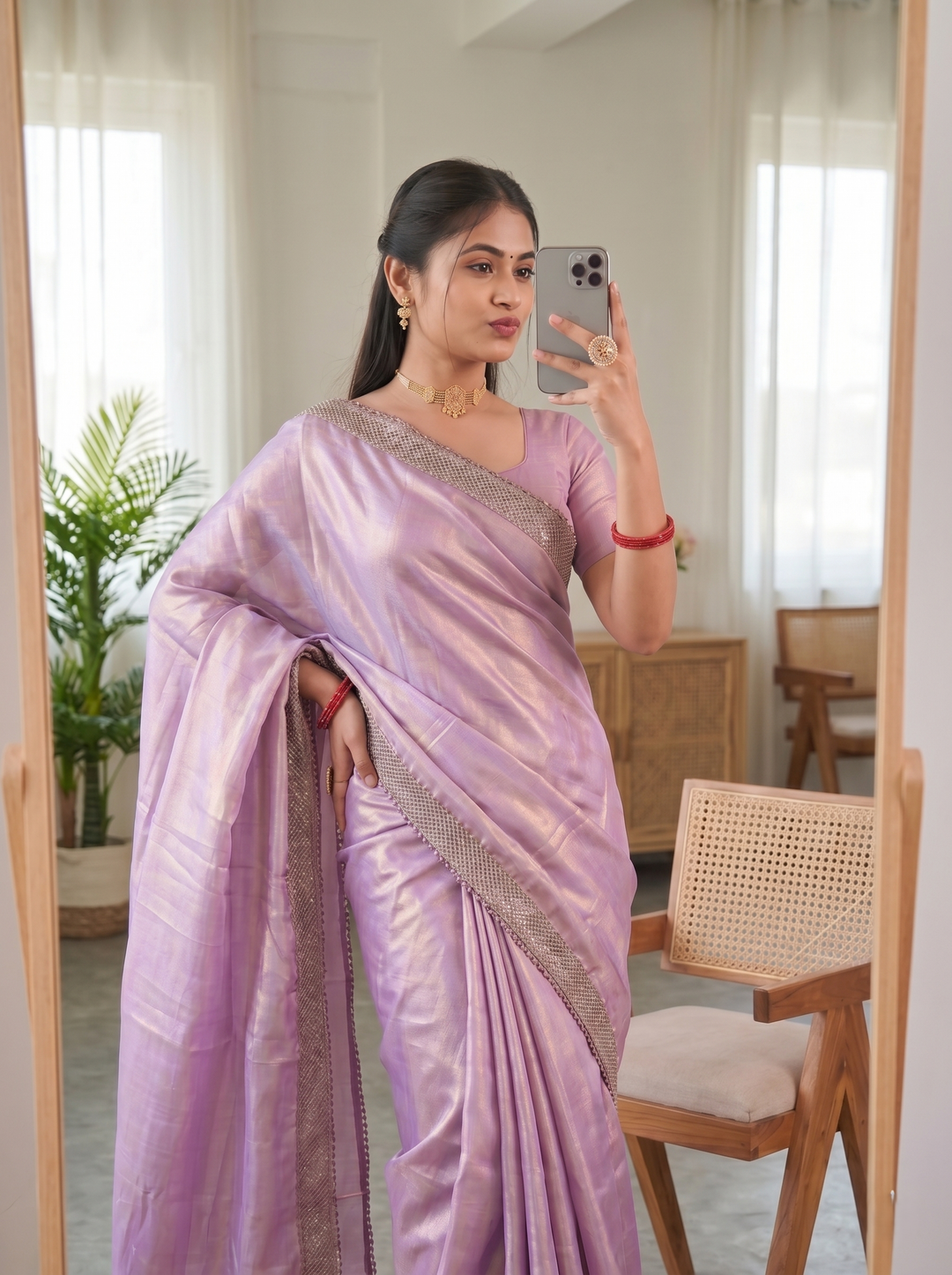 STUNNING DUSTY BLUE METALLIC GEORGETTE SAREE | ROSE-GOLD CUTWORK BORDER DESIGNER ETHNIC WEAR | GLAMOROUS STEEL GREY PARTY WEAR SAREE