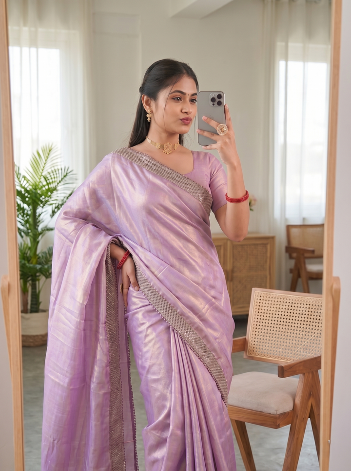 STUNNING DUSTY BLUE METALLIC GEORGETTE SAREE | ROSE-GOLD CUTWORK BORDER DESIGNER ETHNIC WEAR | GLAMOROUS STEEL GREY PARTY WEAR SAREE