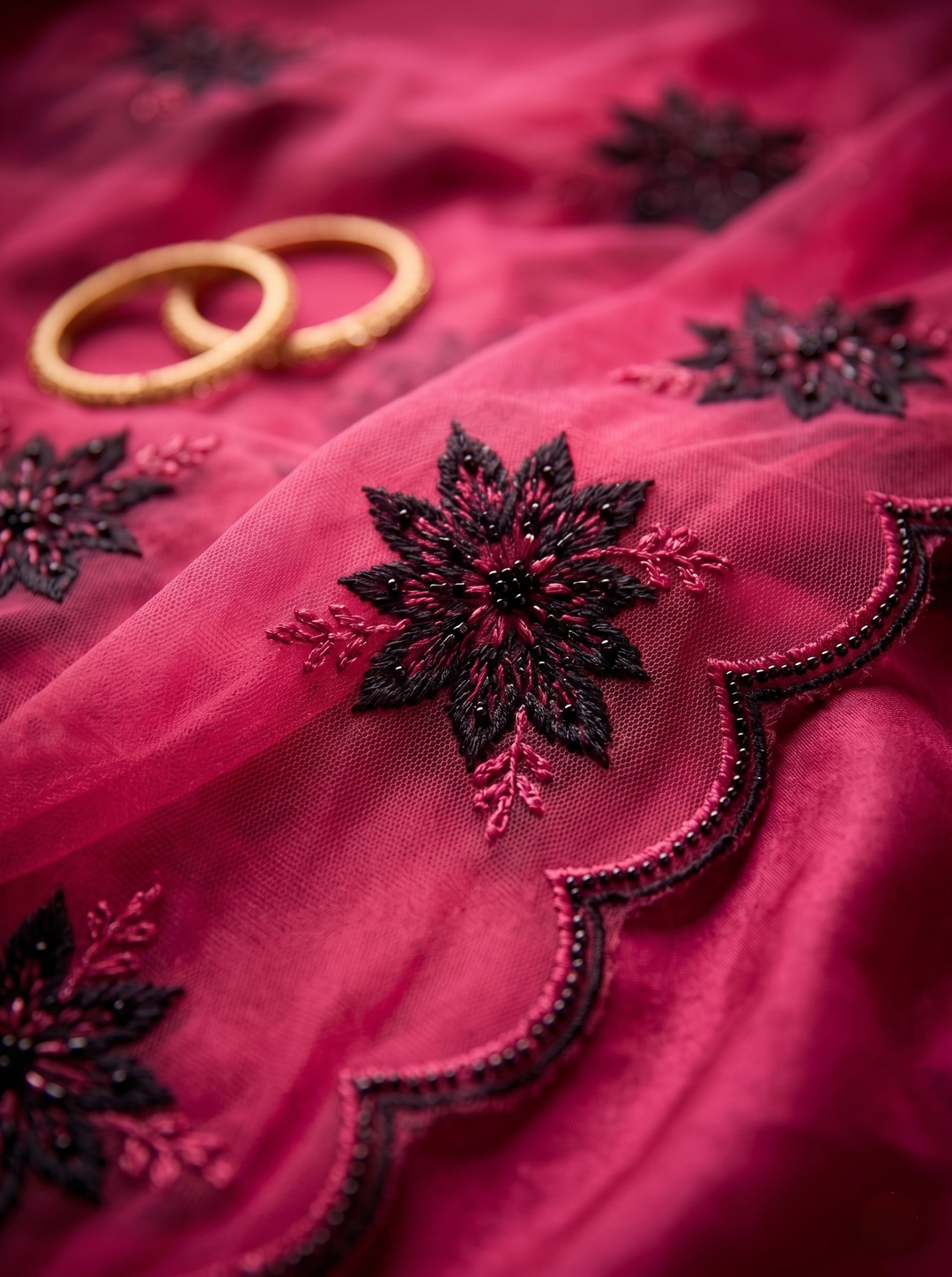 BLACKBERRY ELEGANT CHERRY RED GEORGETTE SAREE - BLACK STONE MOTIF WORK & CUT-WORK BORDER
