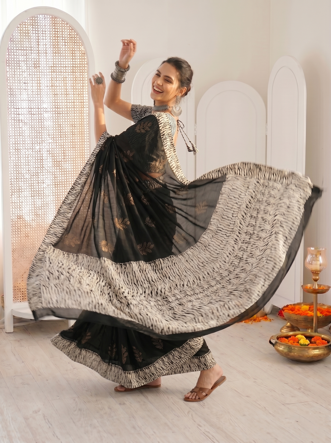 PREMIUM SOFT ART SILK SAREE WITH BLACK & WHITE WAVY PRINTED BORDER & GOLDEN LEAF MOTIFS