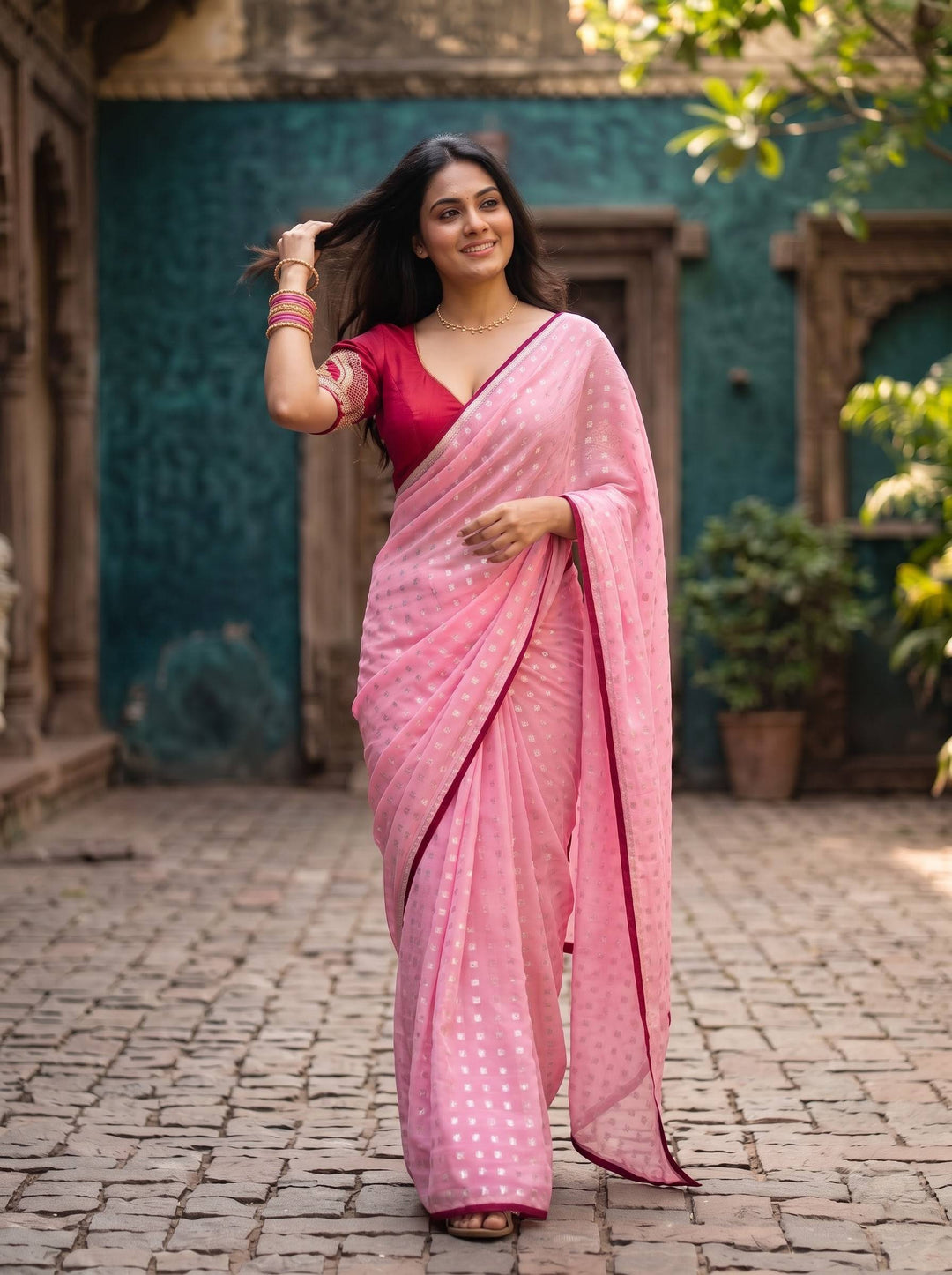 SHAKEY EMBROIDERED PINK SAREE