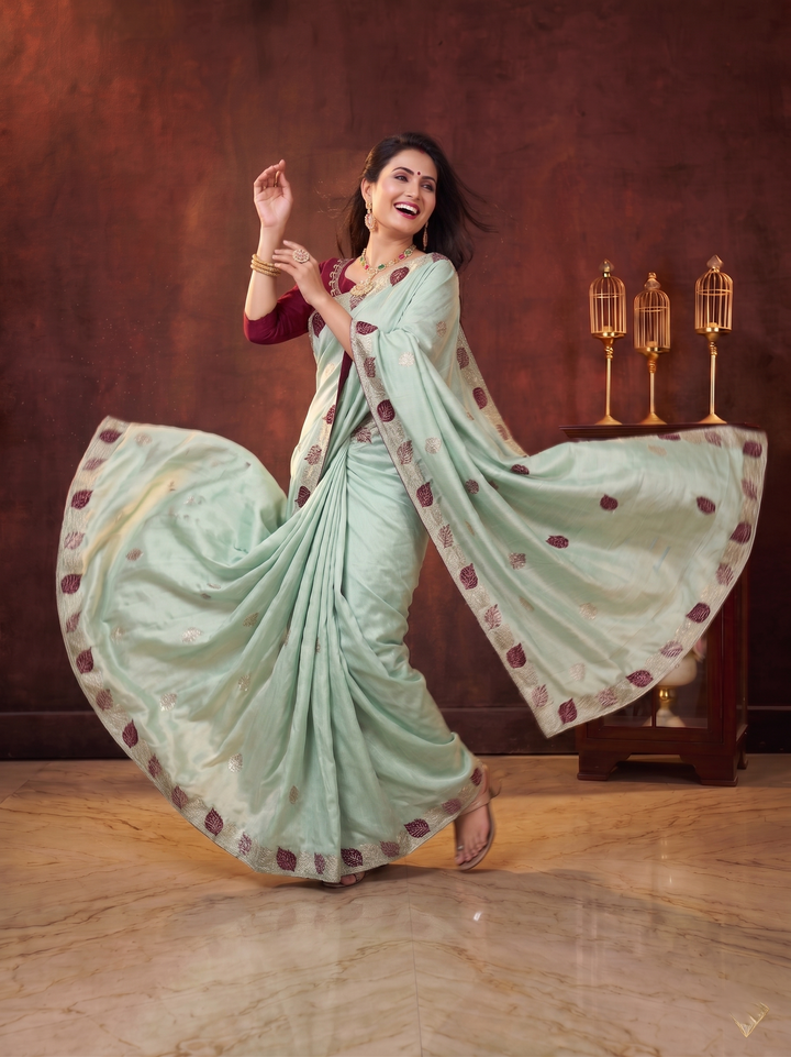PASTEL PISTA GREEN SOFT SILK SAREE WITH RICH MAROON LEAF BUTTI WORK | MINIMALIST DESIGNER EMBROIDERY SAREE