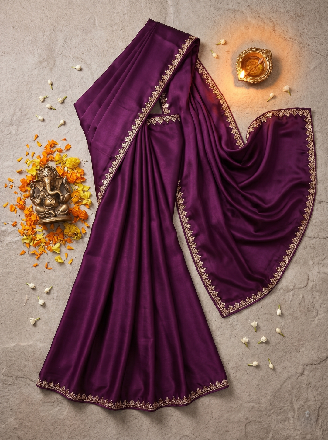PREMIUM SOFT DILMOHI SILK SAREE WITH SCALLOPED EMBROIDERY BORDER & HEAVY WORK BLOUSE PIECE