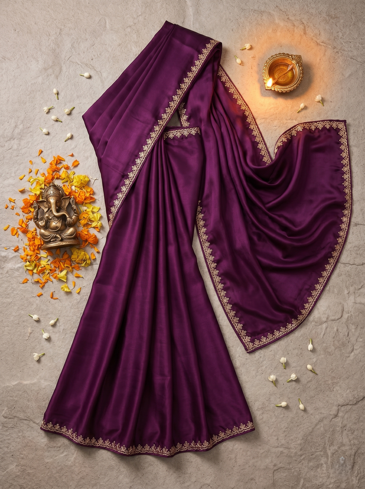 PREMIUM SOFT DILMOHI SILK SAREE WITH SCALLOPED EMBROIDERY BORDER & HEAVY WORK BLOUSE PIECE
