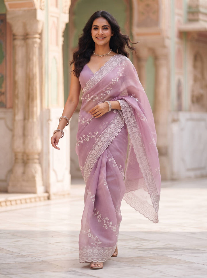 MEERA ETHNIC NET LIGHT PURPLE SAREE