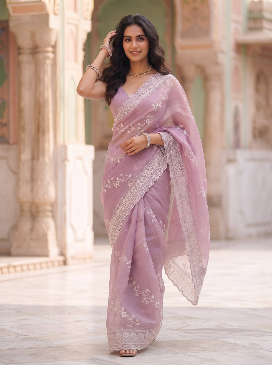 MEERA ETHNIC NET LIGHT PURPLE SAREE