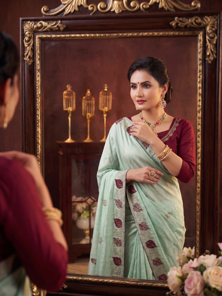 PASTEL PISTA GREEN SOFT SILK SAREE WITH RICH MAROON LEAF BUTTI WORK | MINIMALIST DESIGNER EMBROIDERY SAREE