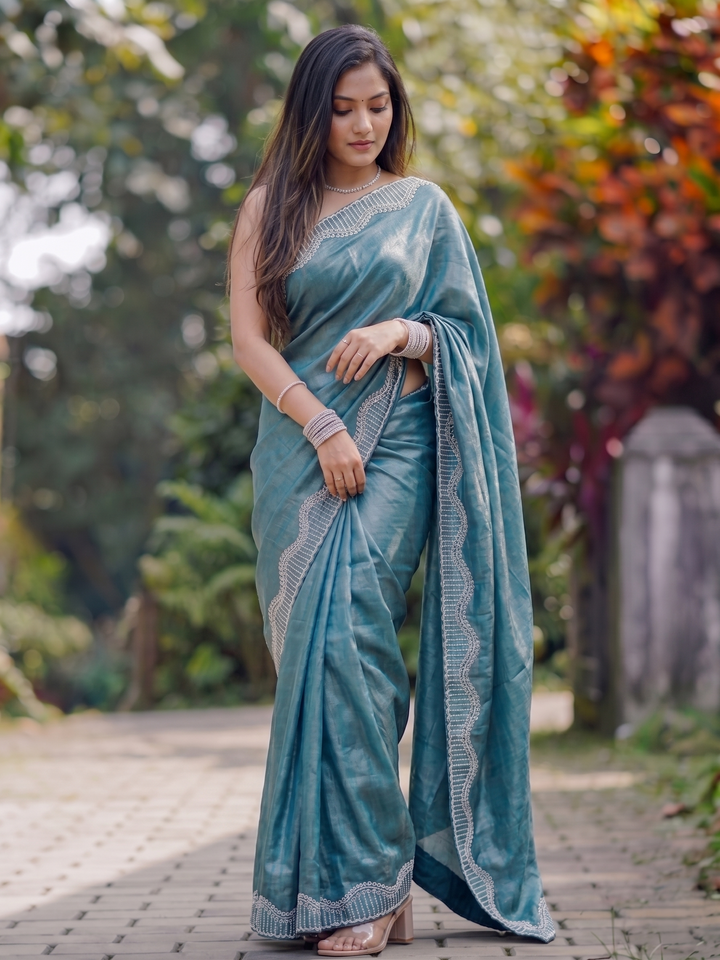 Ocean Teal Shimmer Silk Saree with Designer Scallop Border