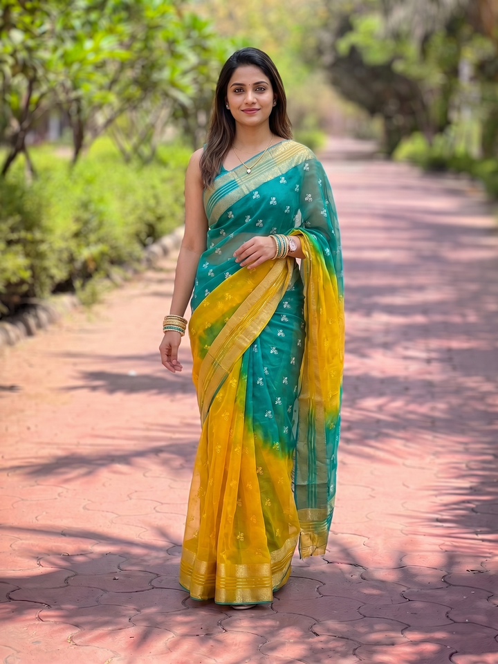 PREMIUM LIGHTWEIGHT GEORGETTE LEHERIYA SAREE WITH GOLDEN BUTTI & ZARI WOVEN BORDER - ORANGE & RED