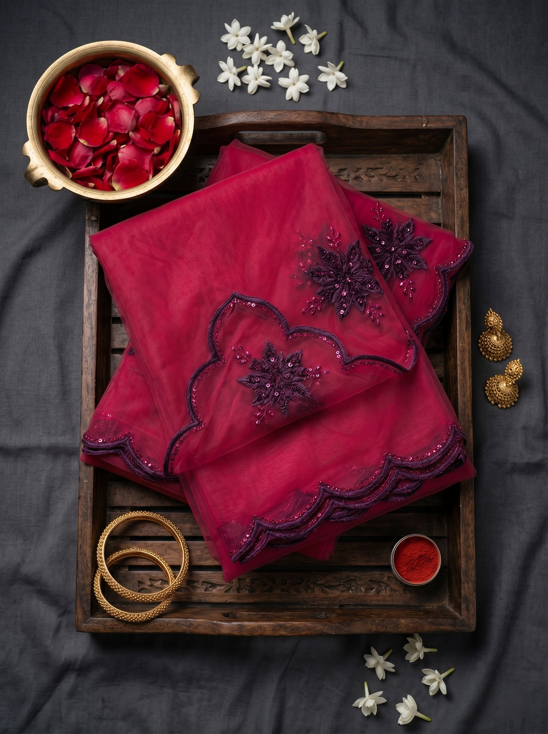 BLACKBERRY ELEGANT CHERRY RED GEORGETTE SAREE - BLACK STONE MOTIF WORK & CUT-WORK BORDER