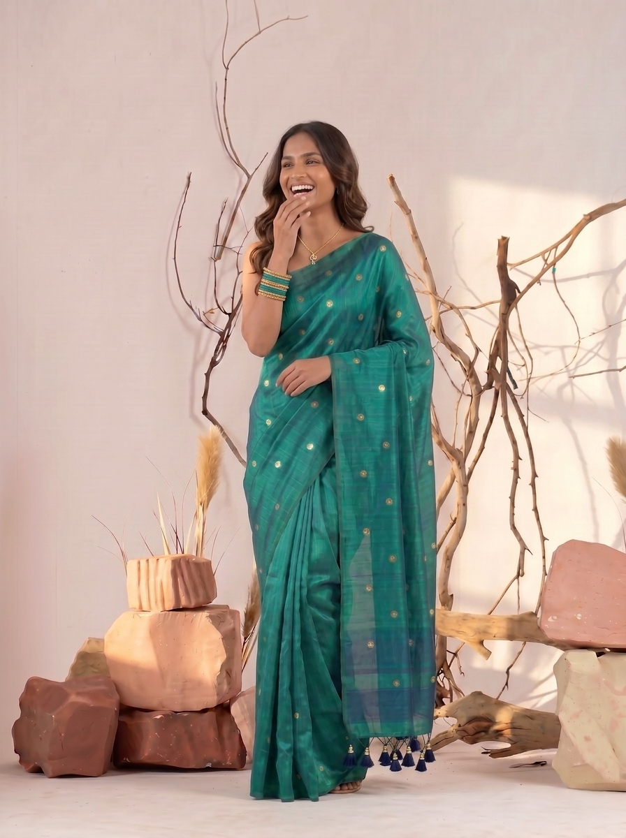 RAMA GREEN SOFT SILK BLEND SAREE WITH MIRROR WORK BUTTI & STYLISH TASSELS | CHANDERI SILK PARTY WEAR SAREE WITH UNSTITCHED BLOUSE PIECE