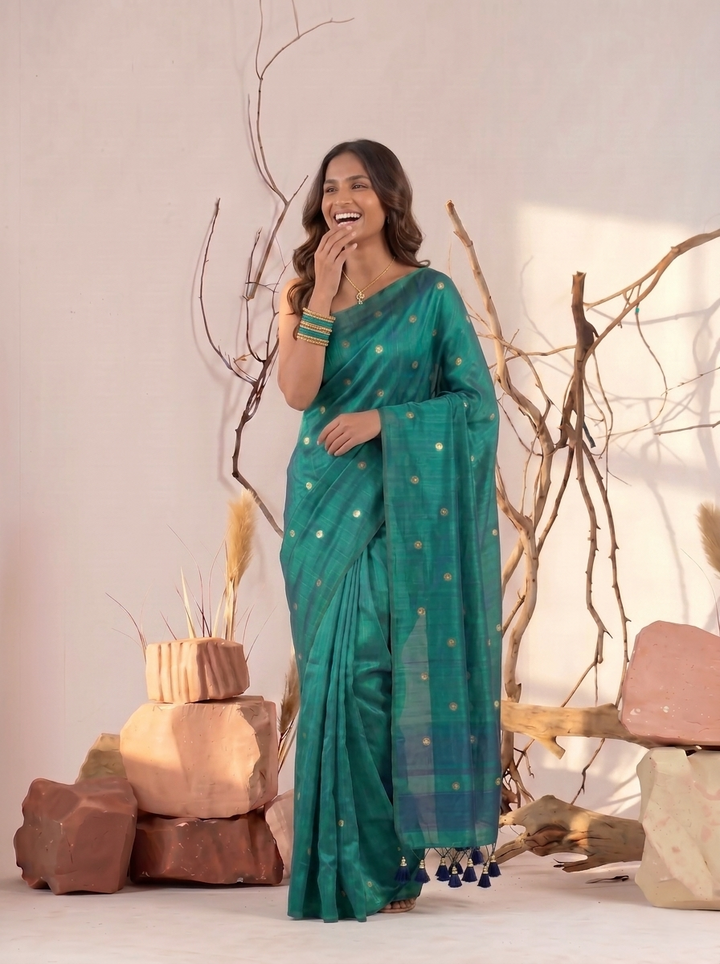 RAMA GREEN SOFT SILK BLEND SAREE WITH MIRROR WORK BUTTI & STYLISH TASSELS | CHANDERI SILK PARTY WEAR SAREE WITH UNSTITCHED BLOUSE PIECE