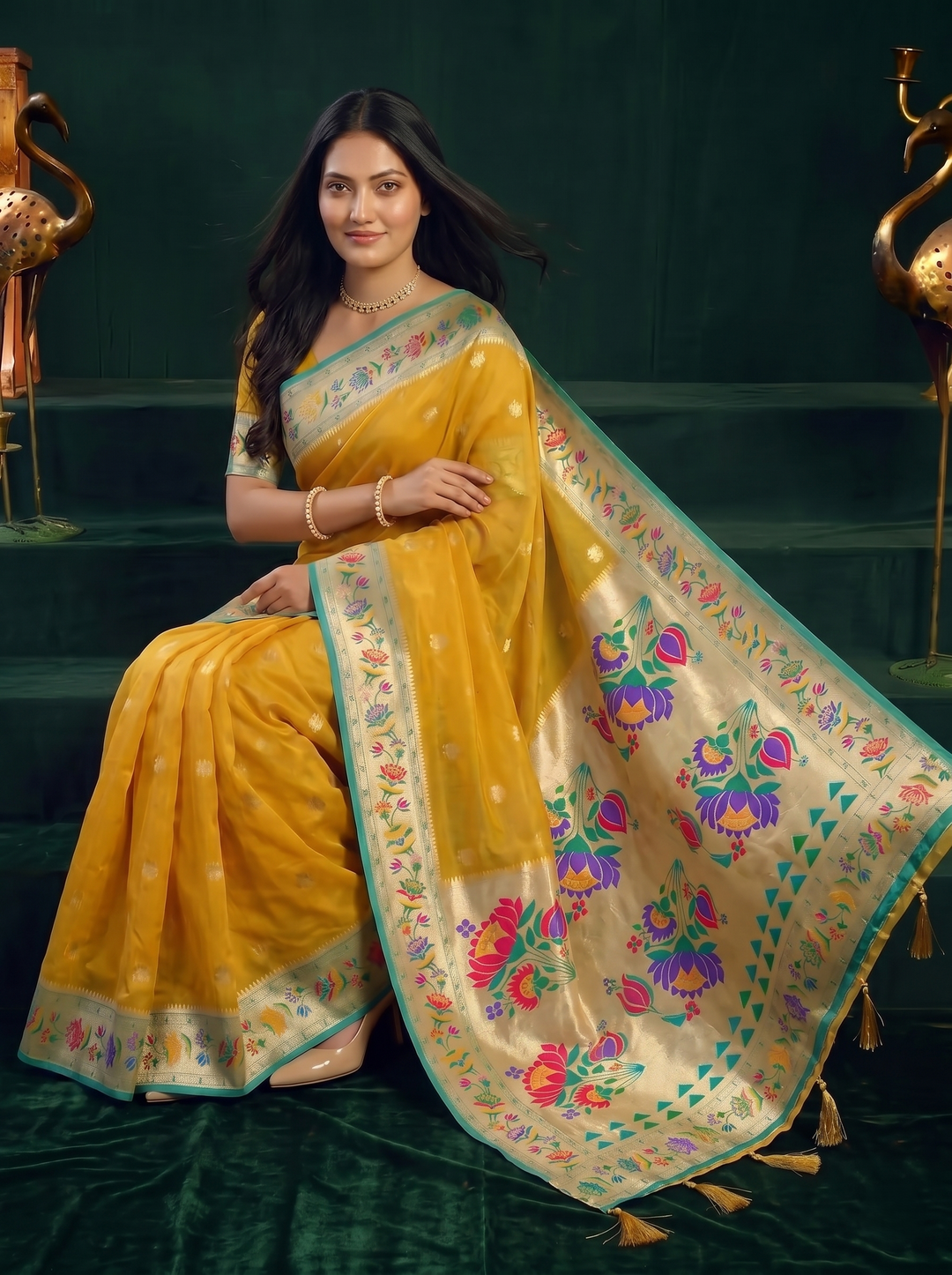 Mustard Yellow Paithani Motif Silk Saree