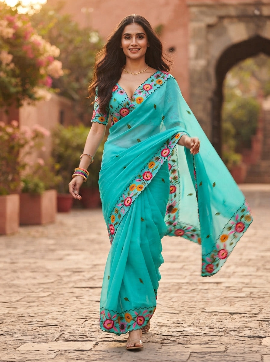 KAJOL FLORAL EMBROIDERED LIGHT BLUE SAREE