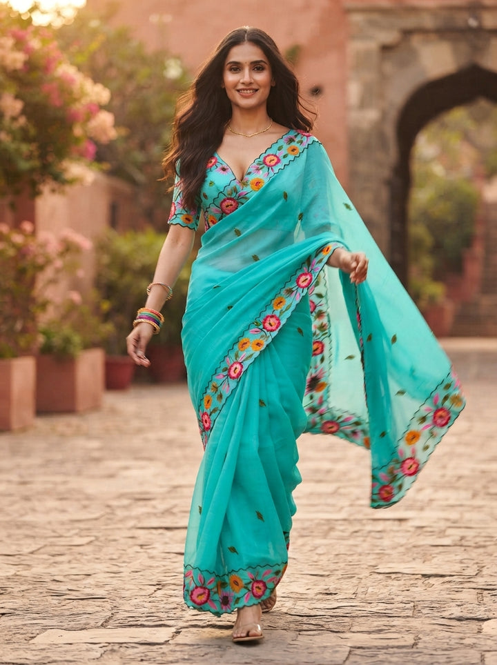 KAJOL FLORAL EMBROIDERED LIGHT BLUE SAREE