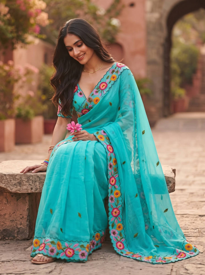 KAJOL FLORAL EMBROIDERED LIGHT BLUE SAREE