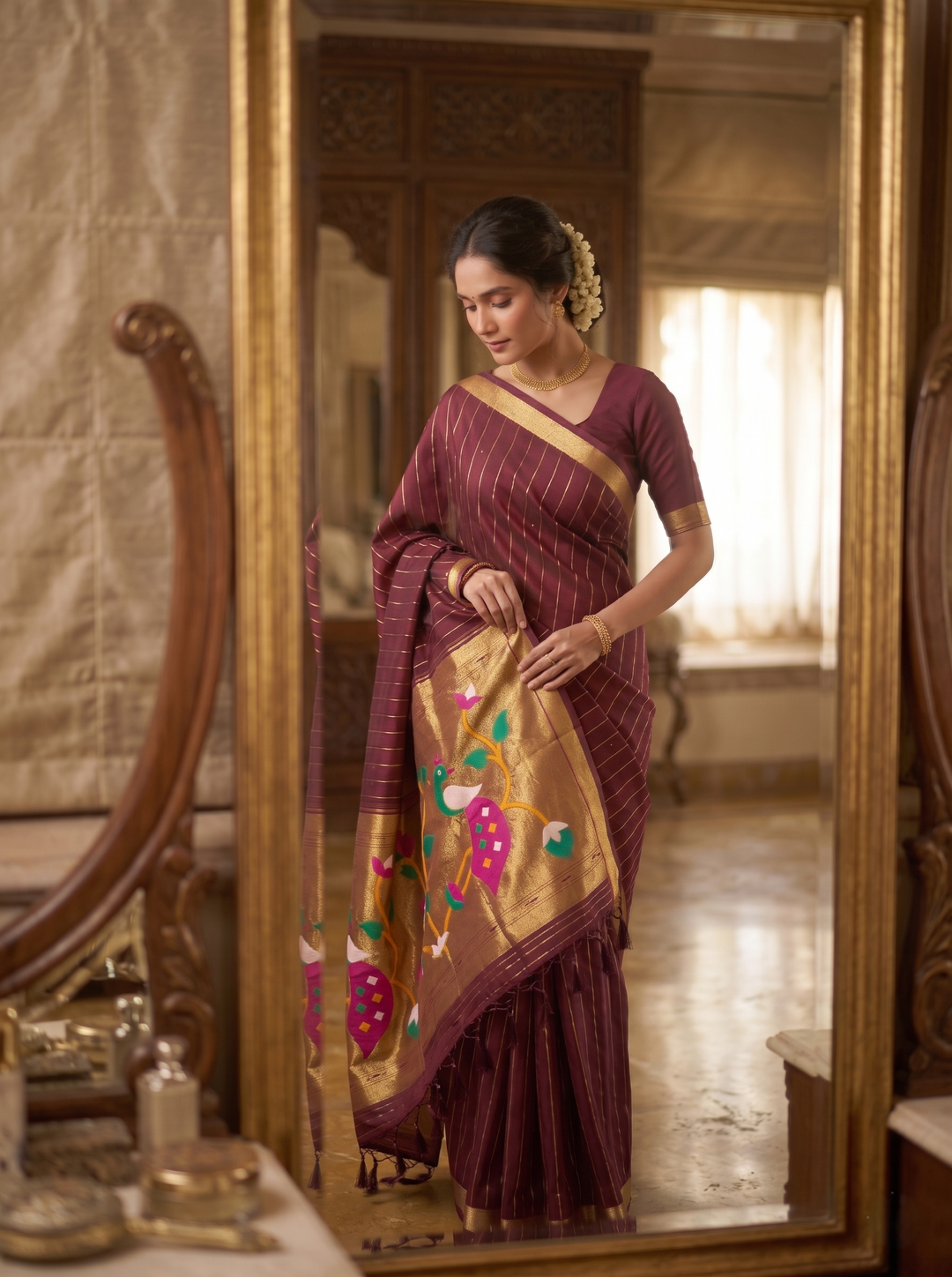ELEGANT BOTTLE GREEN SOFT SILK SAREE - TRADITIONAL PAITHANI STYLE WITH MULTICOLORED MOR (PEACOCK) MOTIFS & GOLD ZARI STRIPES