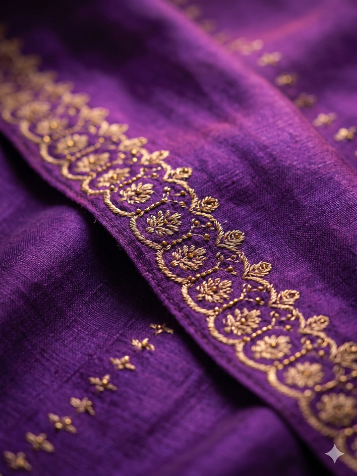 Royal Purple Silk Saree with Rose Gold Zari Border