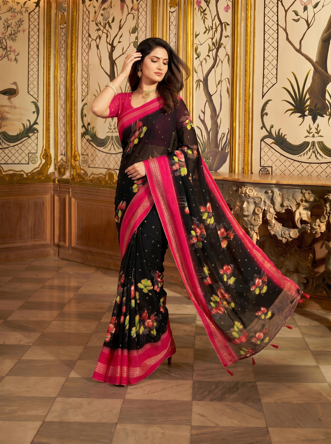 ELEGANT BLACK & PINK FLORAL PRINT GEORGETTE SAREE | DESIGNER CONTRAST BORDER WITH GEOMETRIC PATTERNS