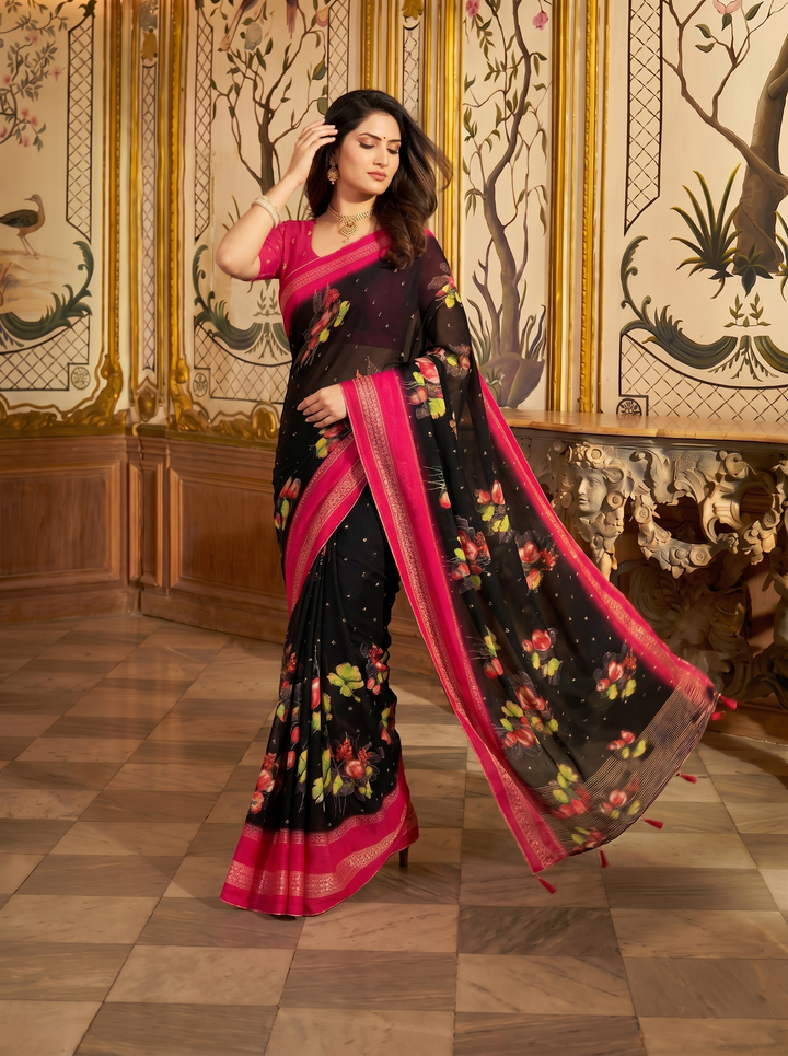 ELEGANT BLACK & PINK FLORAL PRINT GEORGETTE SAREE | DESIGNER CONTRAST BORDER WITH GEOMETRIC PATTERNS